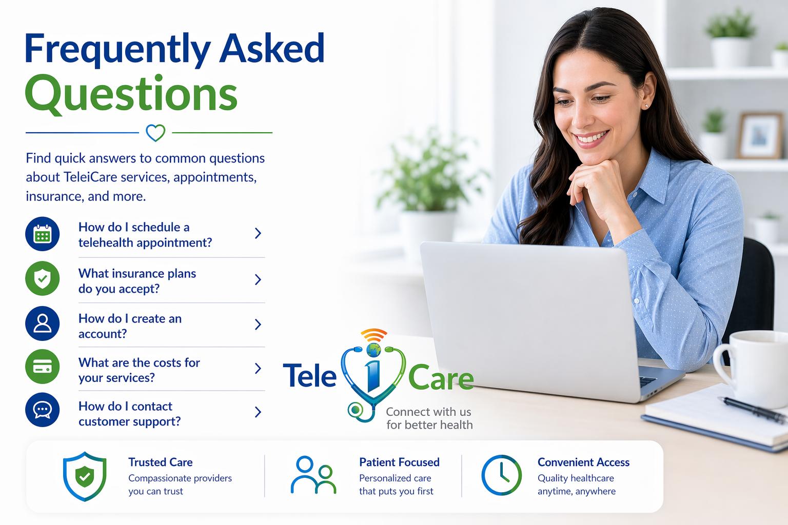 TeleiCare frequently asked questions page showing telehealth services, appointment help, insurance information, and patient support options in Colorado.