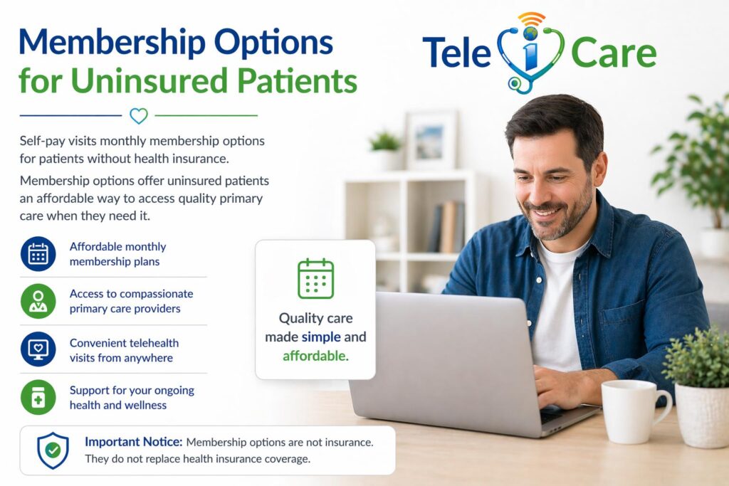 TeleiCare membership options for uninsured patients offering affordable self-ay visits, monthly plans, and accessible telehealth primary care services