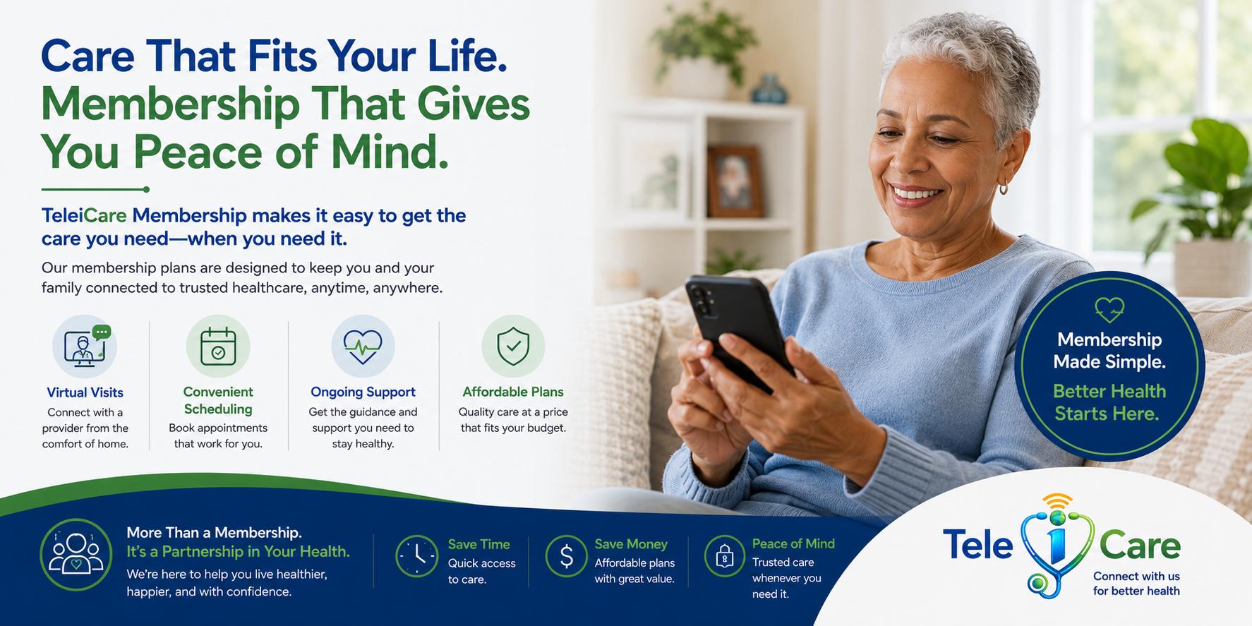 TeleiCare membership options for uninsured patients offering affordable self-ay visits, monthly plans, and accessible telehealth primary care services